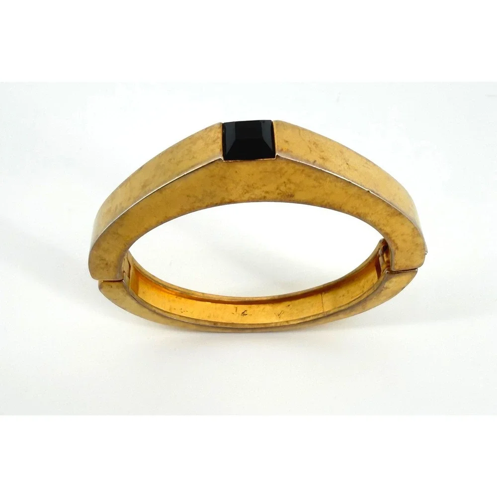 Vintage Gold Tone Hinged Bangle Bracelet Square Black Stone Geometric Cuff